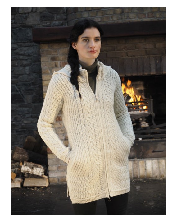 Aran Crafts Ladies Womens Merino Wool Aran Sweater Thigh Length Zippered Long Cardigan Coat Sweatercoat Coatigan with Hood