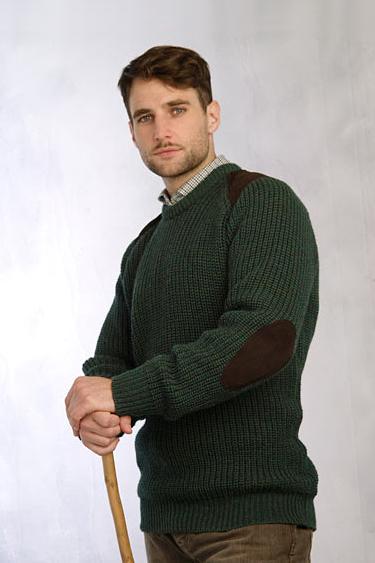 Aran Crafts Mens Ribbed Crewneck Sweater with Patches Crew Neck