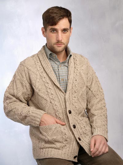 Aran Crafts Mens Donegal Wool Knit Buttoned Shawl Collar Cardigan Sweater