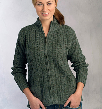 Aran Crafts Ladies Wool Cable Knit Zip Cardigan Sweater