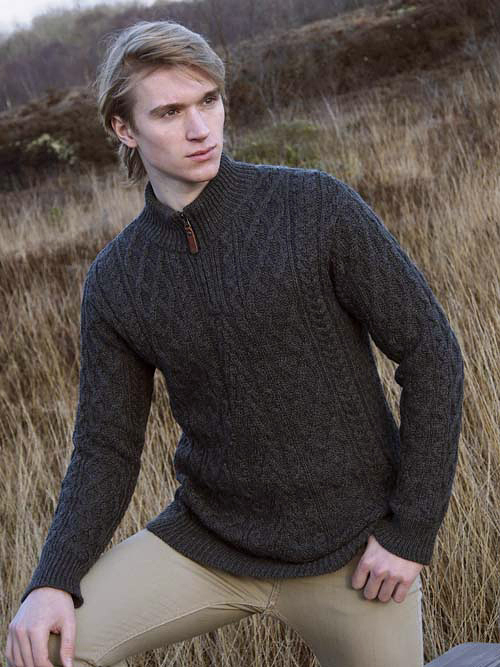 Aran Crafts Mens Wool Cable Knit Leather Pull Zip Neck Cable Knit Sweater Pullover