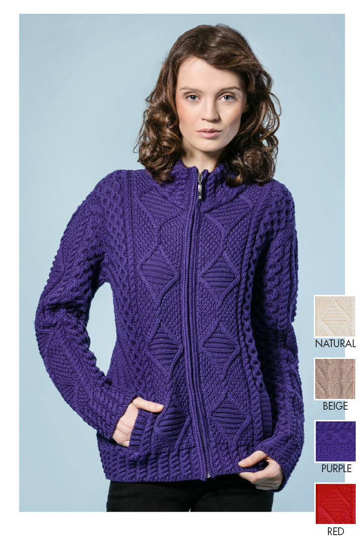 Aran Private Label Irish womens Merino Wool Zip Aran Cardigan Sweater Jumper