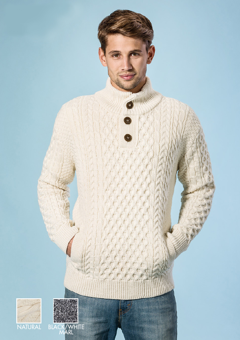 Aran Private Label Irish Mens Merino Wool Three Button Mock Turtleneck Pullover Sweater Jumper Buttoned
