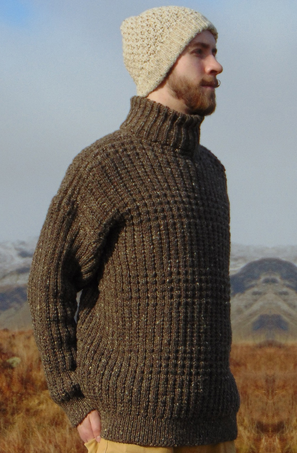 Aran Sweater Private Label Irish Mens Donegal Yarns Wool Mock Turtleneck Polo Neck Sweater Jumper Hand Loomed Hand Made
