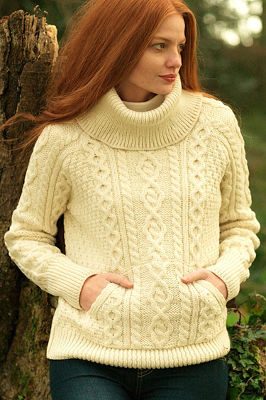 Carraig Donn Irish Aran Wool Sweater Womens Cable Knit Turtleneck Cowl Pullover Sweater