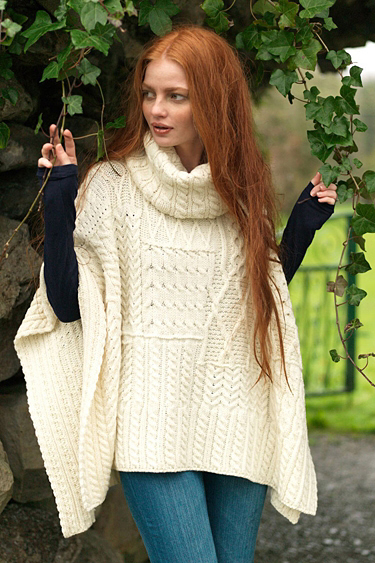 Carraig Donn Irish Aran Womens Wool Cable Knit Patchwork Cowl Neck Cape Poncho Sweater
