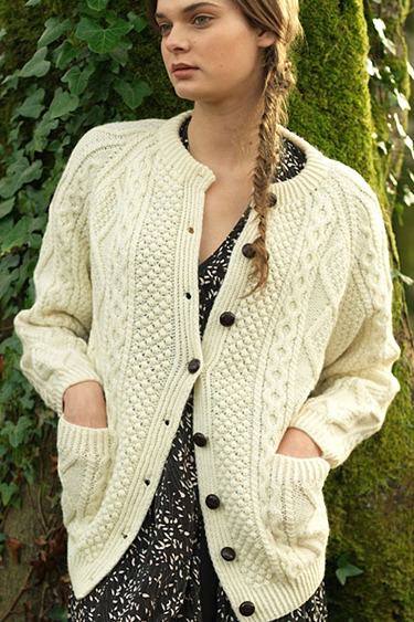 Carraig Donn Irish Aran Wool Sweater Womens Cable Knit Traditional Buttoned Cardigan Handknit