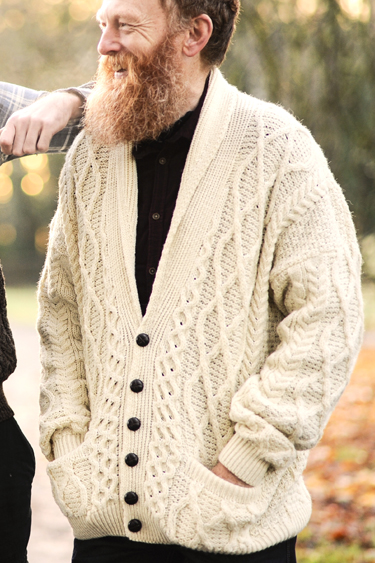 Carraig Donn Irish Aran Wool Sweater Shawl Collar Buttoned Cardigan