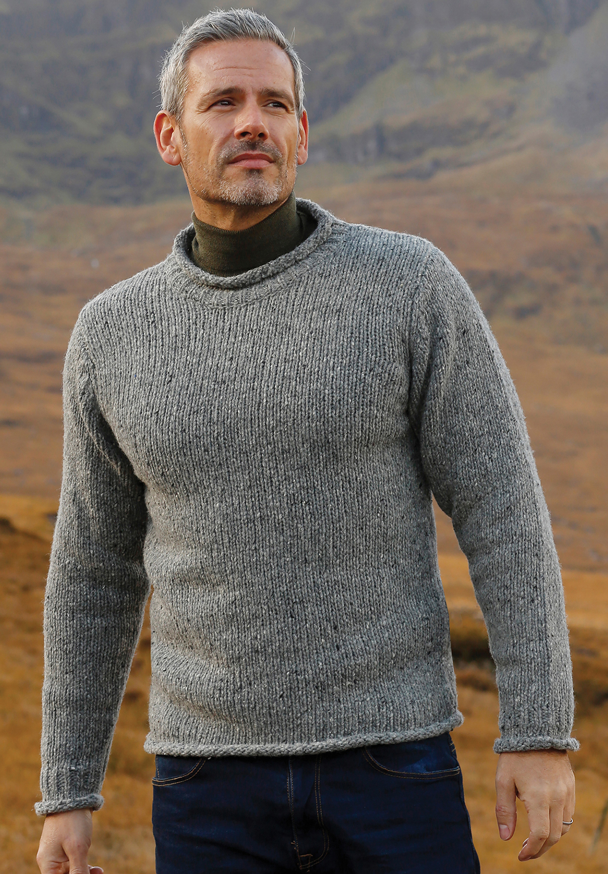 Carraig Donn Irish Aran Mens Wool Sweater Roll Collar 
Curl Neck Crew Neck Crewneck Pullover Jumper Sweater Donegal Wool
