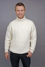 Carraig Donn Irish Aran Wool Sweater Turtleneck Polo Cable Knit Pullover Jumper