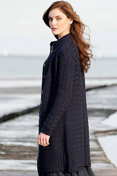 Irelands Eye Womens Solid Color Wool Cable Knit Coatigan Sweater Sweatercoat Cardigan Navy Blue