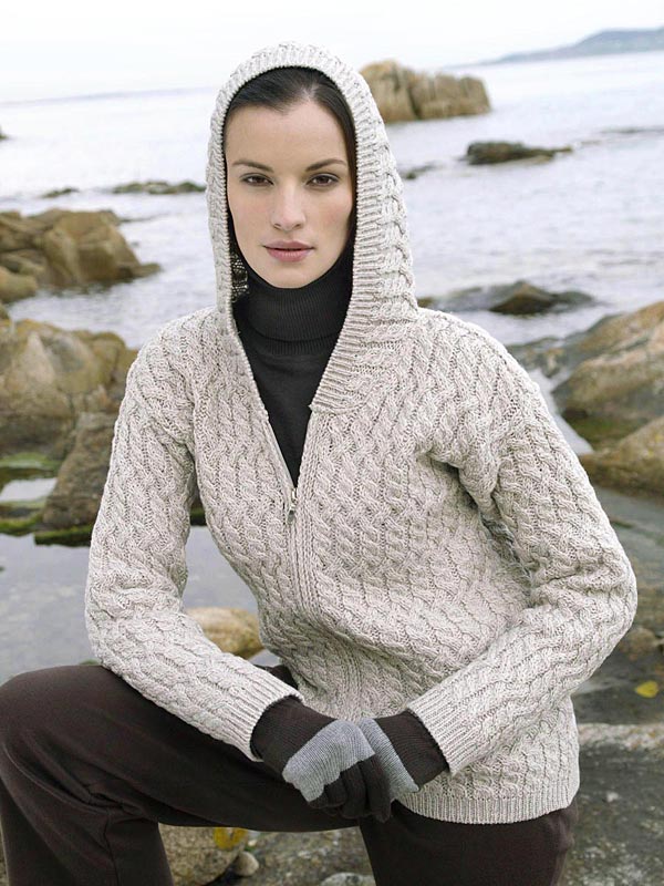 Aran Crafts Irish Aran Wool Sweater Womens Cable Knit Hooded Sweater Hoody Ladies Hoodie Sweater