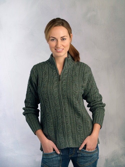 Aran Crafts Irish Aran Wool Sweater Womens Cable Knit Short Zip Cardigan Sweater Fully Zippered
