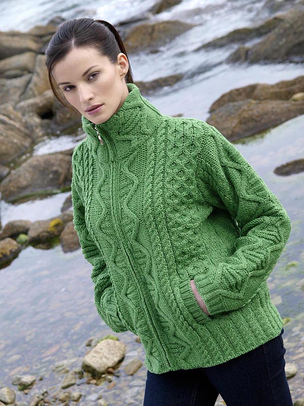 Aran Crafts Irish Aran Wool Sweater Womens Full Zip Cardigan Zippered High Collar Sweater