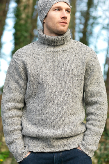 Carraig Donn Irish Aran Wool Sweater 100% Donegal Wool
Rib Polo Neck Turtleneck